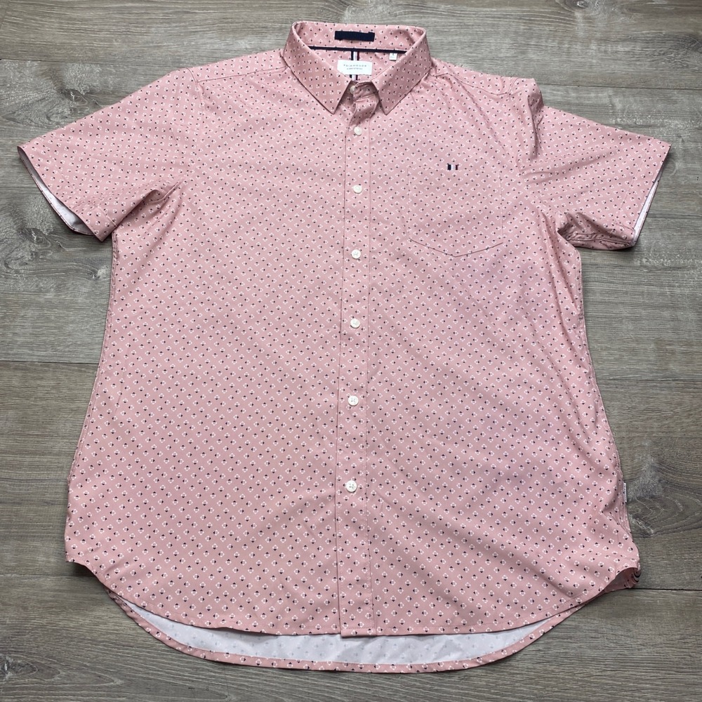 7 Diamonds Mens L Pink Geometric 4-Way Stretch Short Sleeve Button‎ Down Shirt